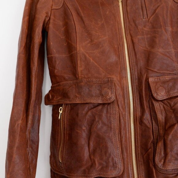 Mackage Brown 100% Leather Designer Zip Up Flap Pocket Hood Biker Jacket XXS - Picture 5 of 16